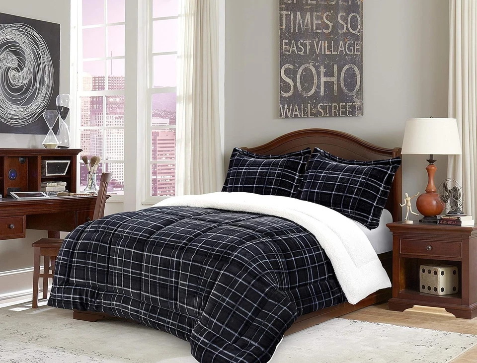 Plush Microsuede Plaid Comforter Set, Full/Queen, Black - Image 4 of 4