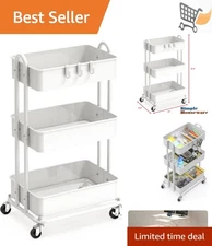 3-Tier Heavy Duty Metal Utility Cart White 17x12.5x31.5 Inch Mobile Storage