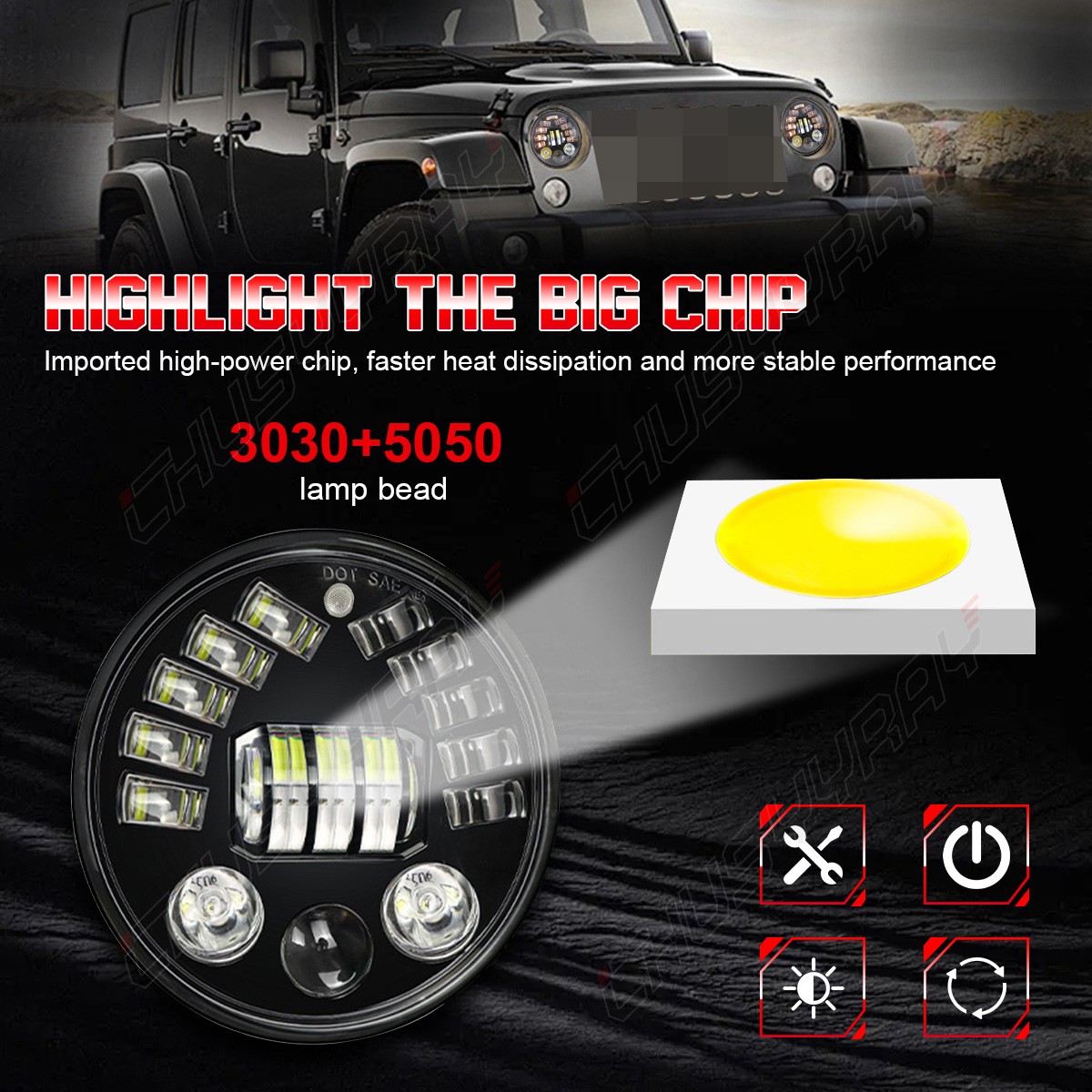 Pair Newest 7"in Round LED Headlights DRL Hi/Lo H4 For Jeep Wrangler JK TJ CJ LJ thumbnail 3