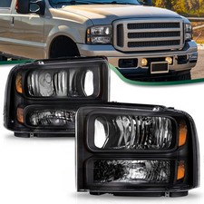 For 2005-2007 Ford F250 F350 F450 F550 Super Duty Black Amber Headlights Pair