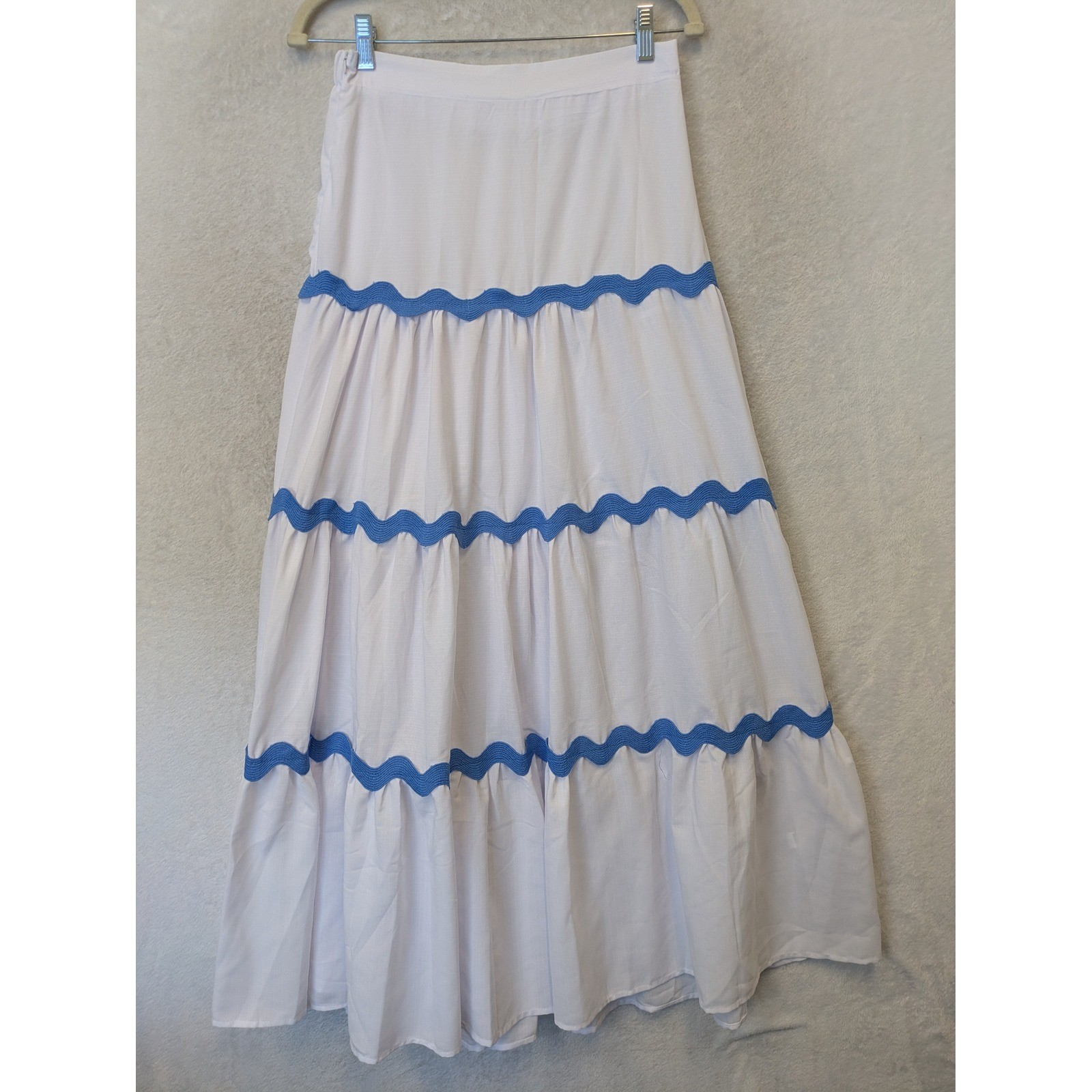 Unbranded Maxi Skirt Womens L White Blue Ric Rac Trim Tiered Ruffle Boho Coastal-image