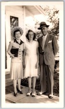 Vtg B&W Snapshot Family Outdoors Elegant Hats & Suits 1940s