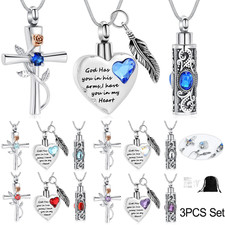 3Pcs Cremation Urn Necklace Set for Ashes Jewelry Cross Heart Cylinder Pendant