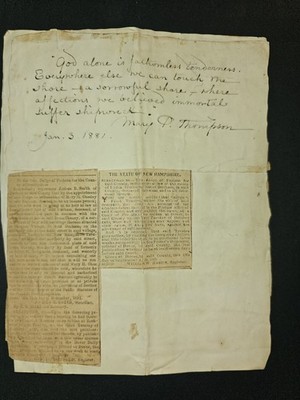 1881 Mary P. Thompson Handwritten Quotation + NH Newspaper Clippings