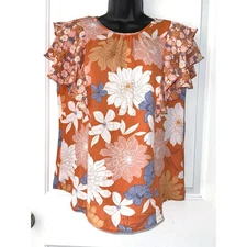 DR2 Women's Floral Crepe Double Ruffle Sleeve Top size Medium