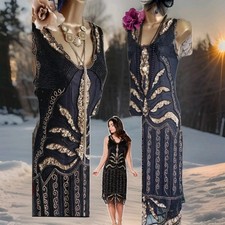 Gatsbylady black gold elsa beaded 20s flapper evening party deco gatsby dress 18