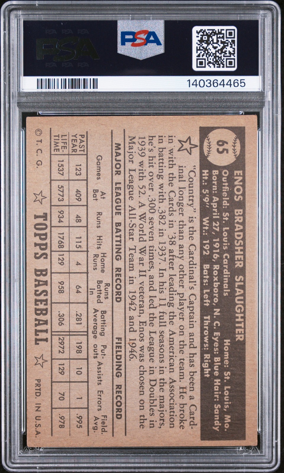 1952 Topps Black Back #65 Enos Slaughter PSA 3 view 2