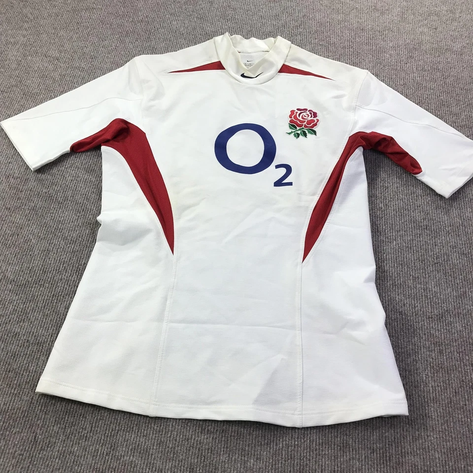 Camisa de Rugby Inglaterra Para Hombres XL Blanca Roja Seis Naciones Camiseta Nike Dri Fit O2 Patrocinador Foto 2 de 4