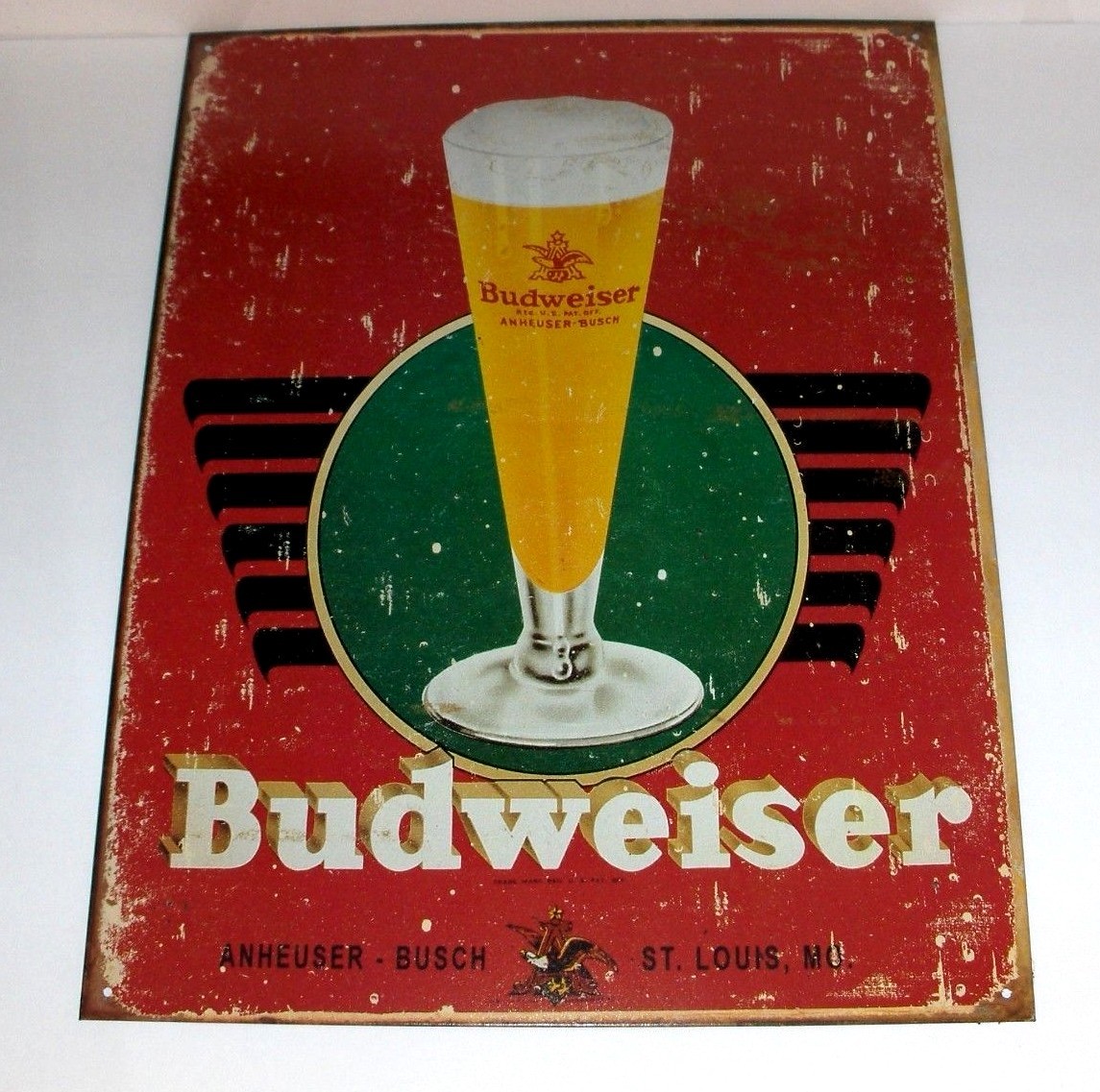 【当時物】 Budweiser 看板 St.Louis.USA 特大 91cm Budweiser Draft Beer-Anheuser Bush`St.Louis,MO`New-Metal Sign`Free