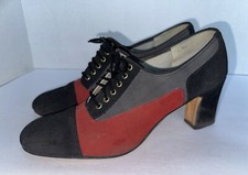 VTG 60s The Shoe Place Suede Leather Retro Mod Heeled Shoes 8 Black Gray Red