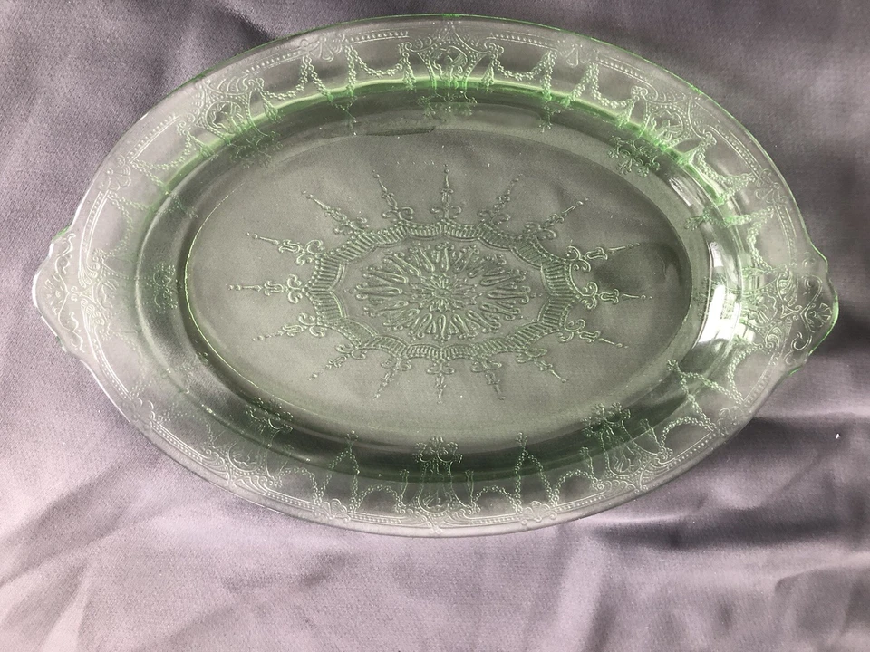 Uranium Vaseline Green Cameo Ballerina 12" Closed Handles Platter chips handles - Image 2 of 4