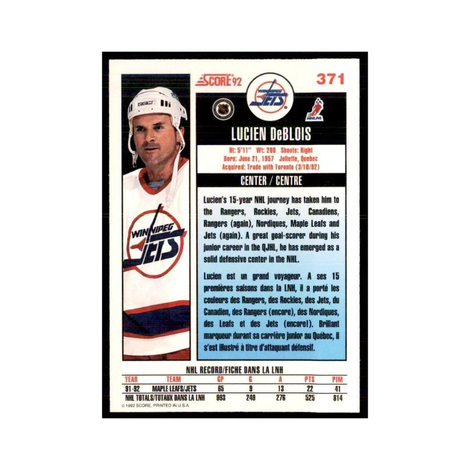 1992 Score Canadian Lucien Deblois Winnipeg Jets #371 - Image 2 of 3
