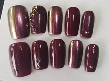 Burgundy Short Square Press-on Nails with Rhinestone Accent, Medium