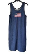 VTG 90s Denim Jumper Dress M Blue Flag Embroider Side Slits Midi Maxi Pinafore