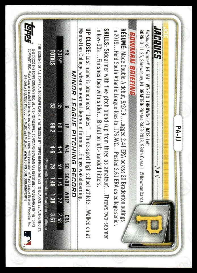 2020 Bowman #PA-JJ Joe Jacques Prospect Autographs - Image 2 of 2