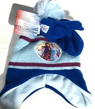 Disney Frozen Girls Hat  Mittens Set Toddler Size Elsa Anna Olaf Blue W/ Pom-..