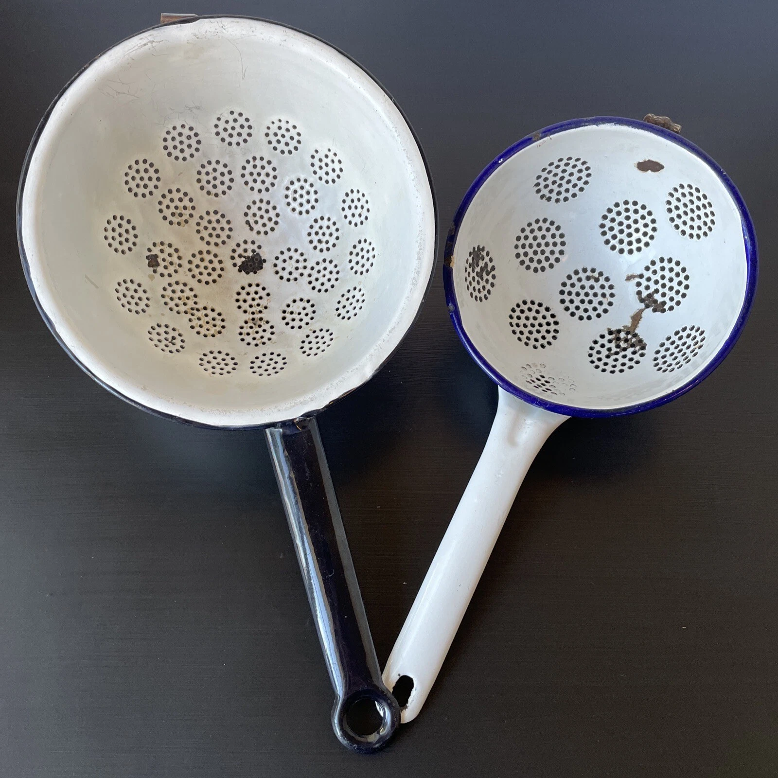 Two Vintage White Enamel Dark Blue Black Trim Strainer Colander Enamelware Ladle