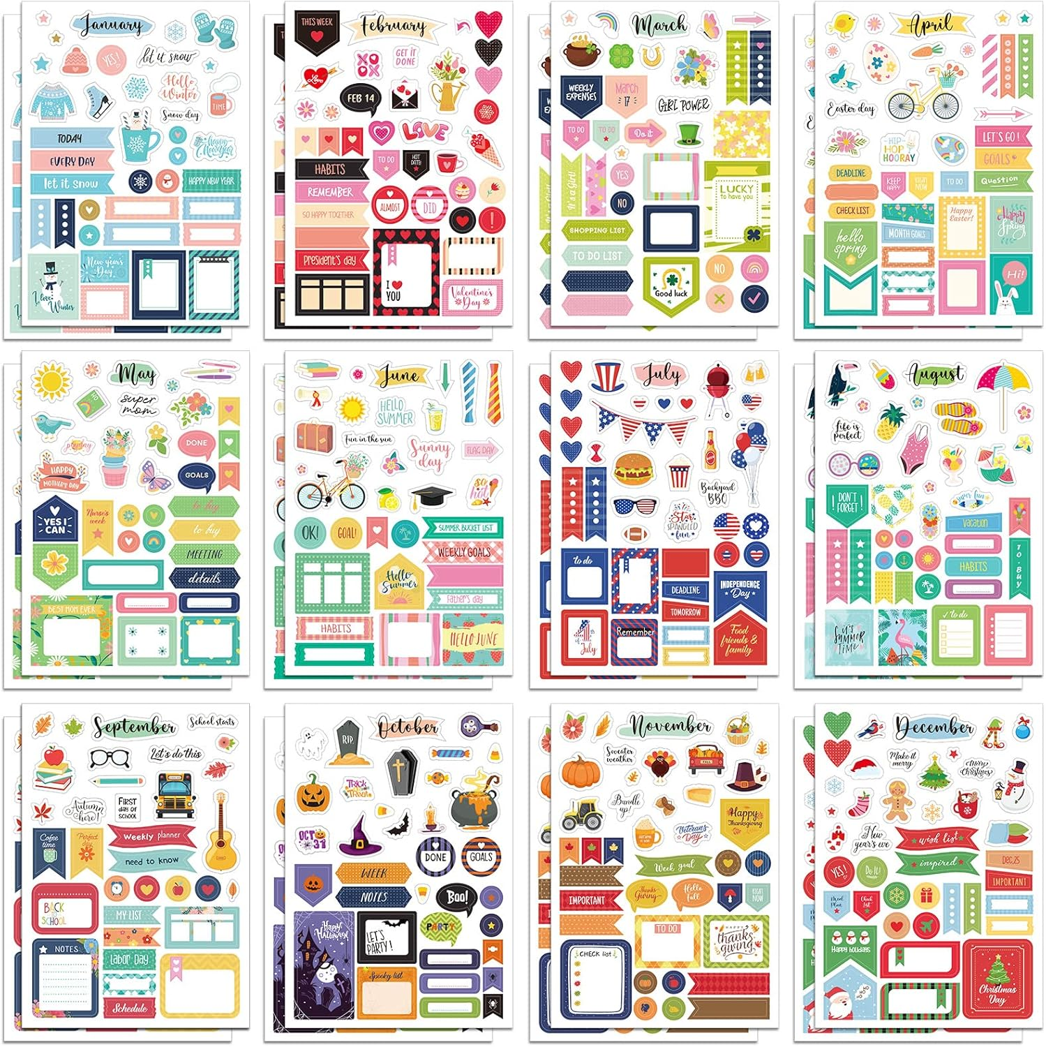 24 Sheets Holiday Stickers - Seasonal Planner, Calendar, Scrapbook Accessories