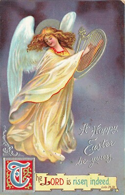 1910's Easter Postcard Winged Angel Harp The Lord is Risen Indeed GERMANY E077