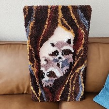 Vtg Raccoon Finished Latch Hook Rug Folk Art Wall Hang Rustic Decor Yarn 30x16