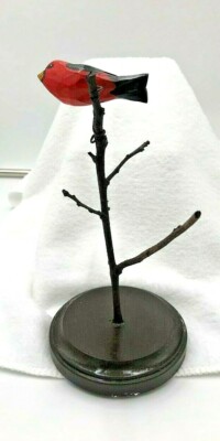 3" Hand Painted Wood Carved Red Scarlet Tanager Bird on Branch 8 1/2 ...