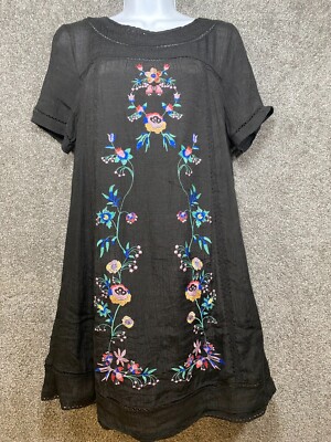 Umgee Shift Dress Womens Small Black Multicolor Boho Embroidered Floral Casual