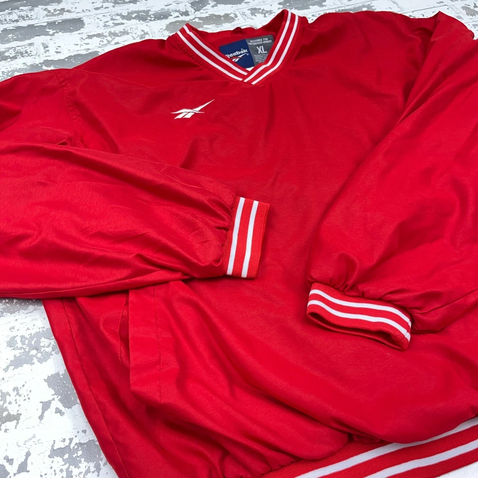 Vintage Reebok Jacket Men XL Red White Pullover Windbreaker Lined Warm Up Track - Image 4 of 4