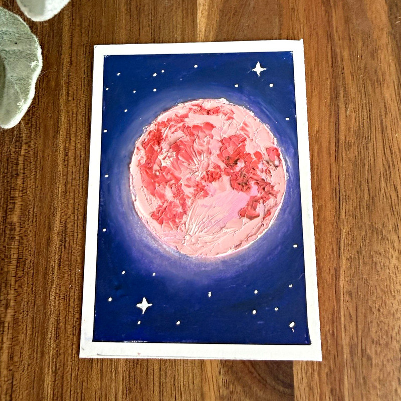 ACEO Original OIL PASTEL Pink STRAWBERRY MOON Full moon OOAK Stars Night Sky