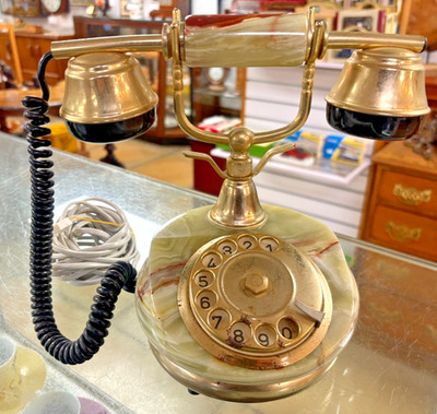 1960's Vintage Green Onyx & Brass Rotary Telephone - Untested