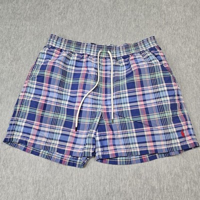Polo Ralph Lauren Swim Shorts Mens L Blue Plaid Lined Drawstring Back Pocket
