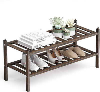 Shoe Rack,2-Tier Bamboo Stackable Shelf Storage Organizer for Entryway, Hallway