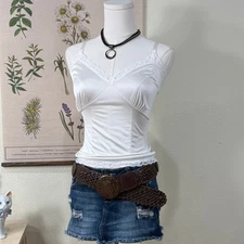 Vintage 90s White Nylon & Lace Cami Top Fairy Coquette Romantic Ethereal Sexy L