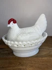 Vintage Westmoreland Large Milk Glass Lattice Hen On Nest White Red Rare
