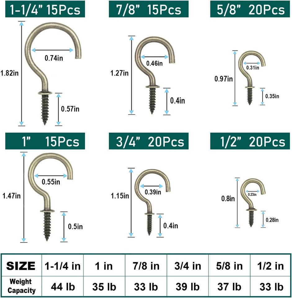 Kit de ganchos de copa de bronce de 105 piezas para colgar, atornillar (1/2", 5/8", 3/4", 7/8", 1"" Foto 2 de 4