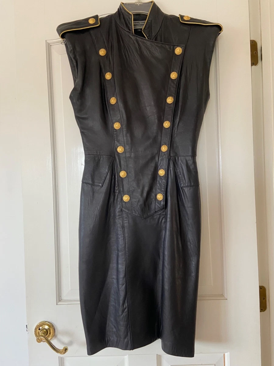 north beach leather dresses Michael Hoban North Beach Leather Black Red Flames Jacket Skirt Set, 1990s main image 0