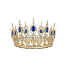 Gold Crown With Blue White Rhinestone for Women, Costume Headpiece for Cosplay