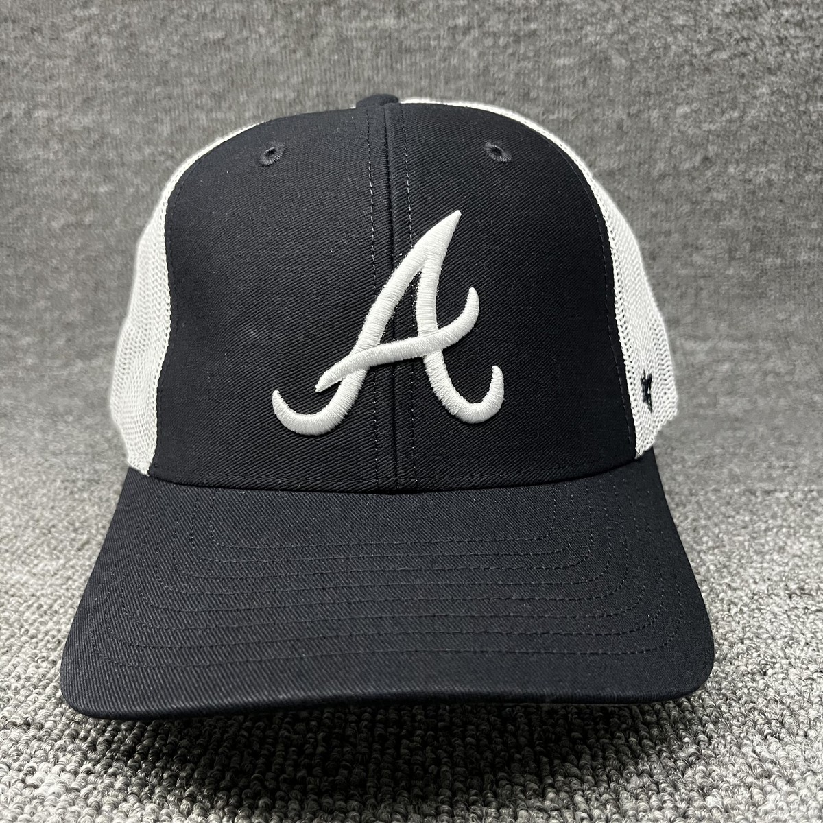 47 Brand Atlanta Braves Trucker Hat Black White Mesh Snapback MLB Cap A Logo