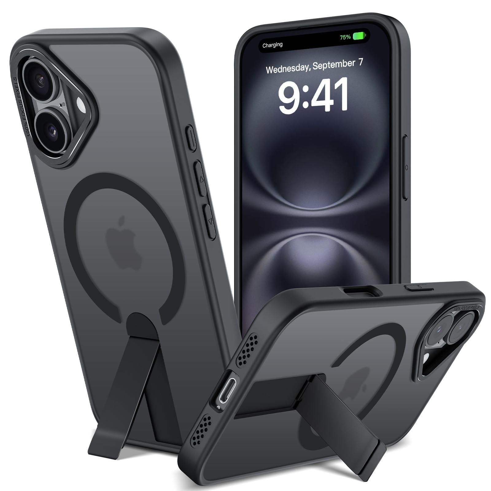Coque iPhone 16 magnétique anti-choc dotée d'un support métallique pliable à 360 degrés