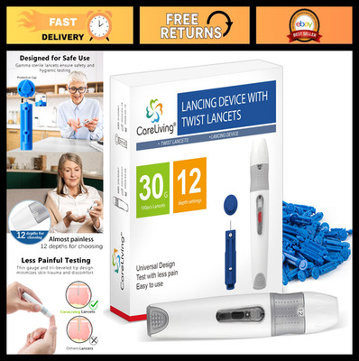 Lancing Device with 100 Single Use Lancets, 30 Gauge, Pain-Free Blood Testing