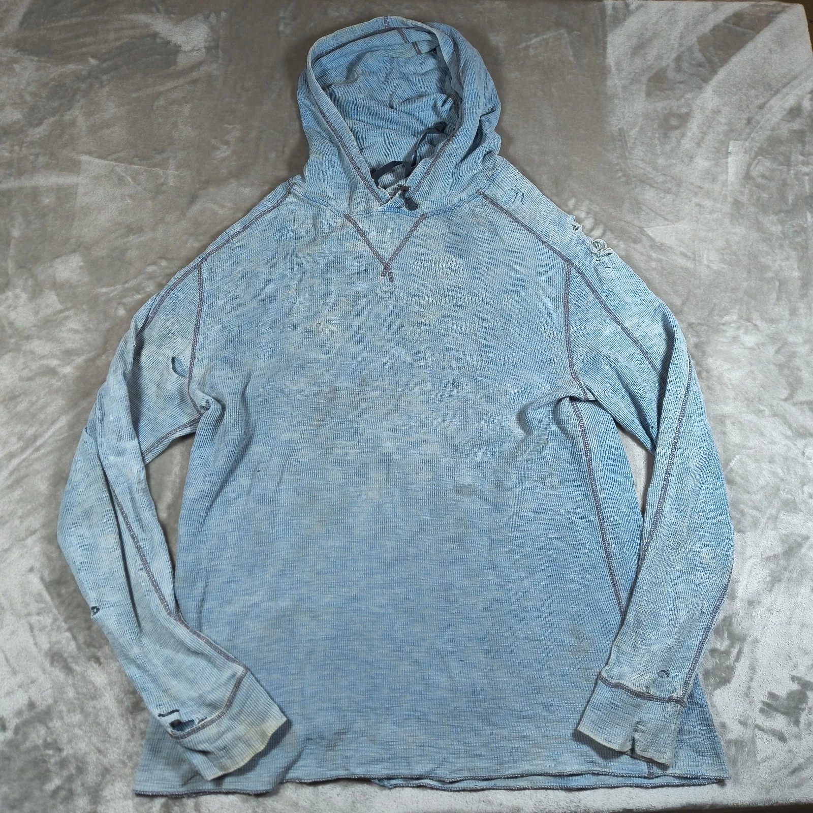 RRL Ralph Lauren Waffle Knit Hoodie Mens XL Blue Distressed Thrashed Grunge Punk