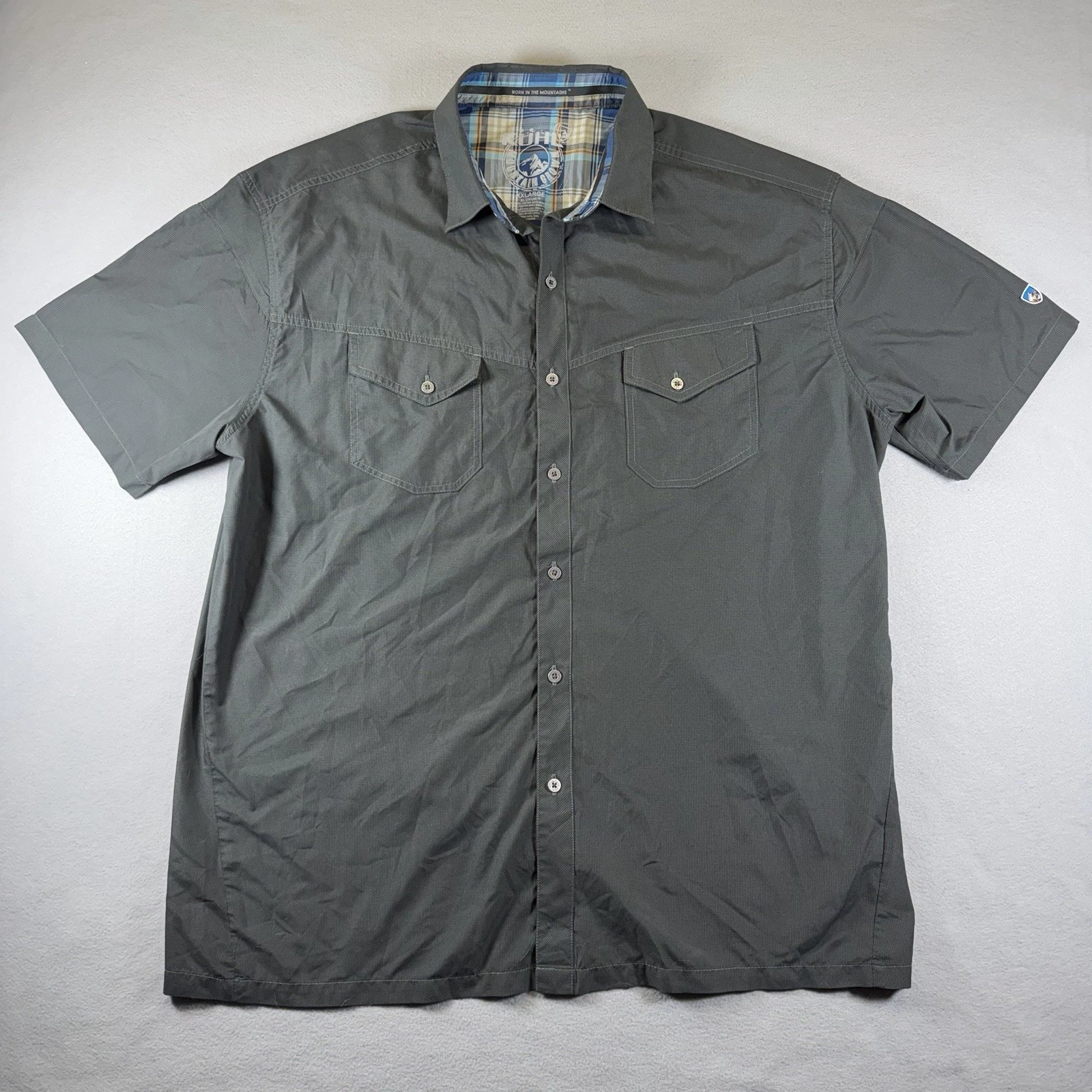 Kuhl Eluxur Button Up Shirt Men Sz XXL Gray SS Lightweight Hiking Gorpcore