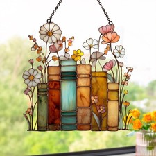 Vintage Book Stack Window Hanging Decor, Cottagecore Reading Art Gift for Book