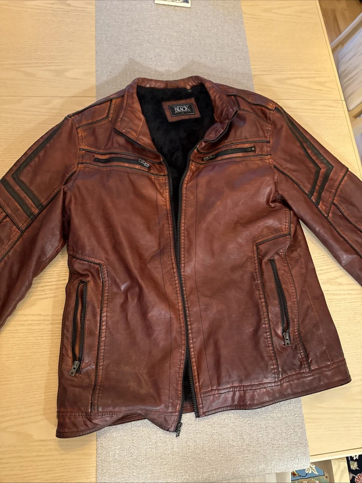 Buckle Black Men’s Fleece Lined Faux Leather Motorcycle Jacket L Burgundy - Image 2 of 3