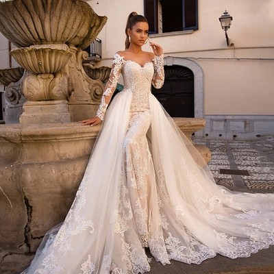 Off Shoulder Mermaid Wedding Dresses With Detachable Overskirt Bridal Gown