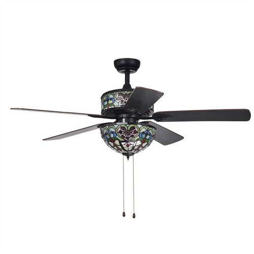 Ransoe 6-Light Blue Heart Tiffany 5-Blade 52-Inch Matte Black Ceiling Fan - Picture 2 of 5