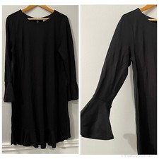 Loft Black Dress Long Bell Sleeve Exposed Zipper Ruffled Hem Size M