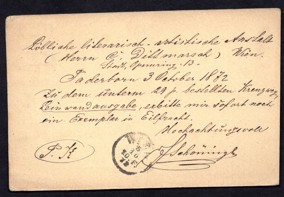 ALEMANIA 1872 SC. #3a ÚNICO FRANQUEO ATADO PADERBORN A VIENA EN POSTAL Foto 2 de 2