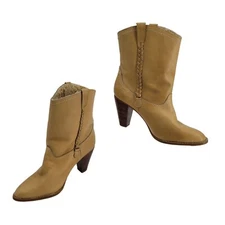 Vintage 70's Leather Western Boots 7.5 Tan Stacked Wood Heel Braided Sherpa Boho