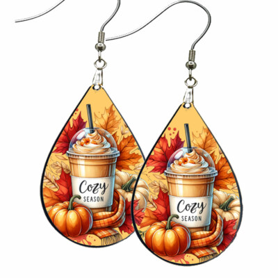 ''Cozy Season'' Autumn Fall Lover Gift Earrings Teardrop NO TARNISHING Wood Dangle