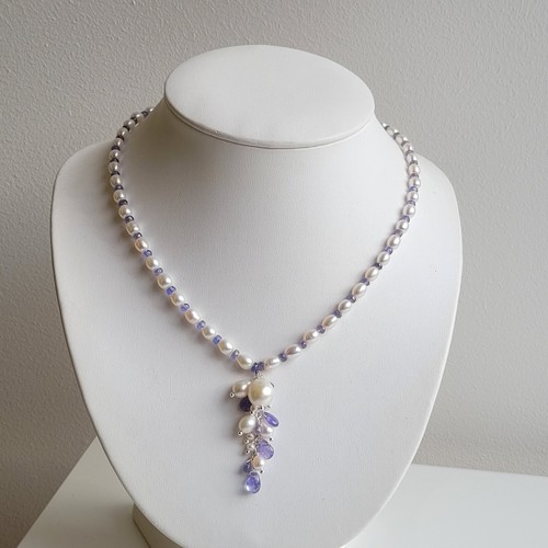 collier argent pierre précieuse tanzanite perles de culture #1384 fait main - Foto 8 di 10
